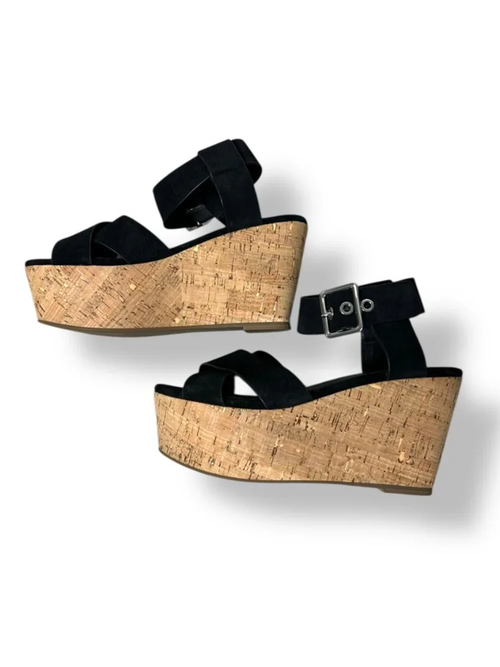 Marc Fisher LTD Cacie Black Suede Cork Platform Sandal Sz 6